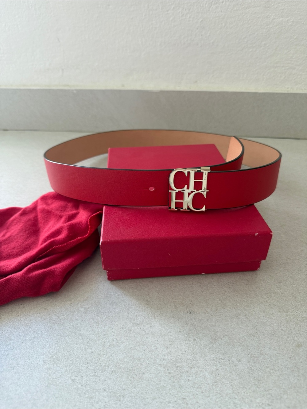 Carolina Herrera Red Leather Belt with Gold CH Logo Buckle